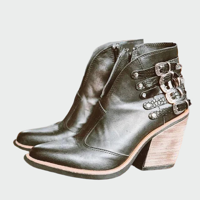 Julia - Botines de Cuero Retro para Mujer en Negro